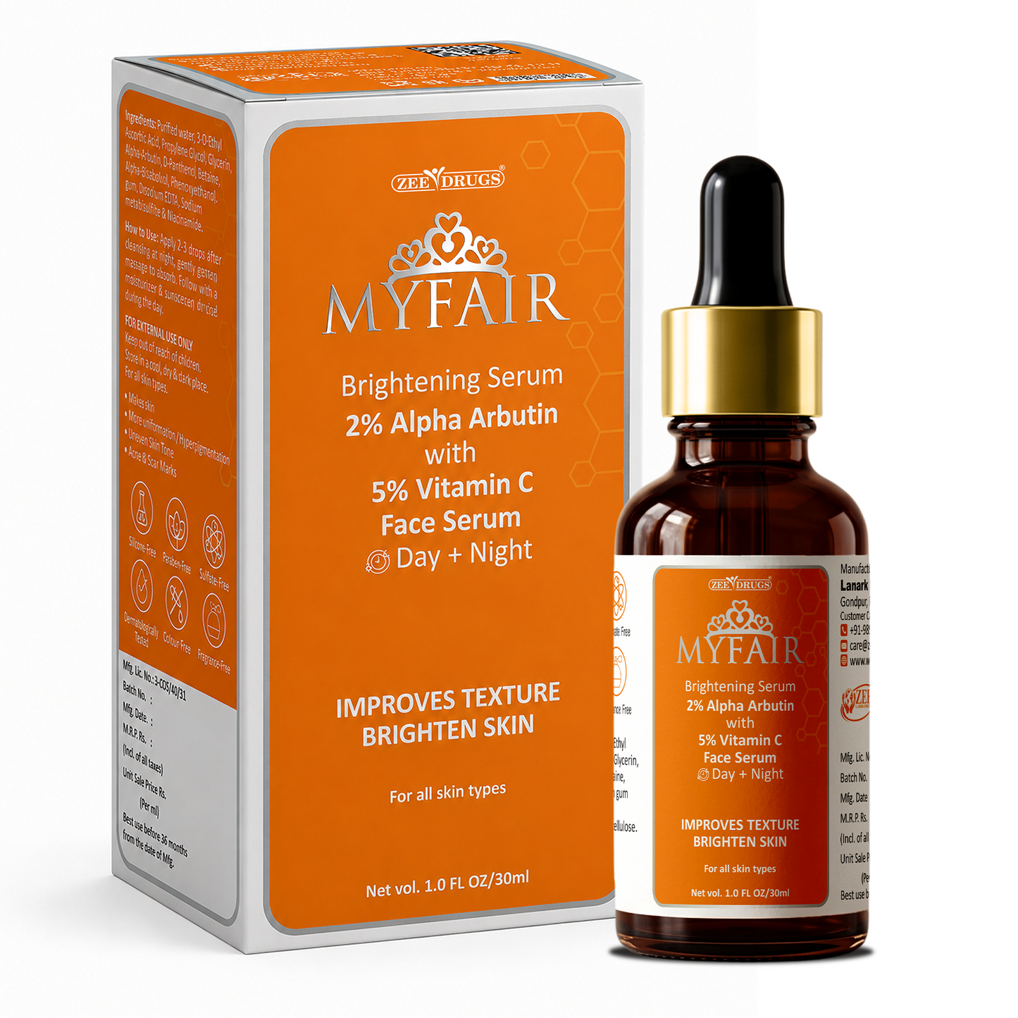 MyFair Brightening Face Serum with 2% Alpha Arbutin with 5% Vitamin C for Melasma, Dark Spots & Uneven Skin Tone - 30ml