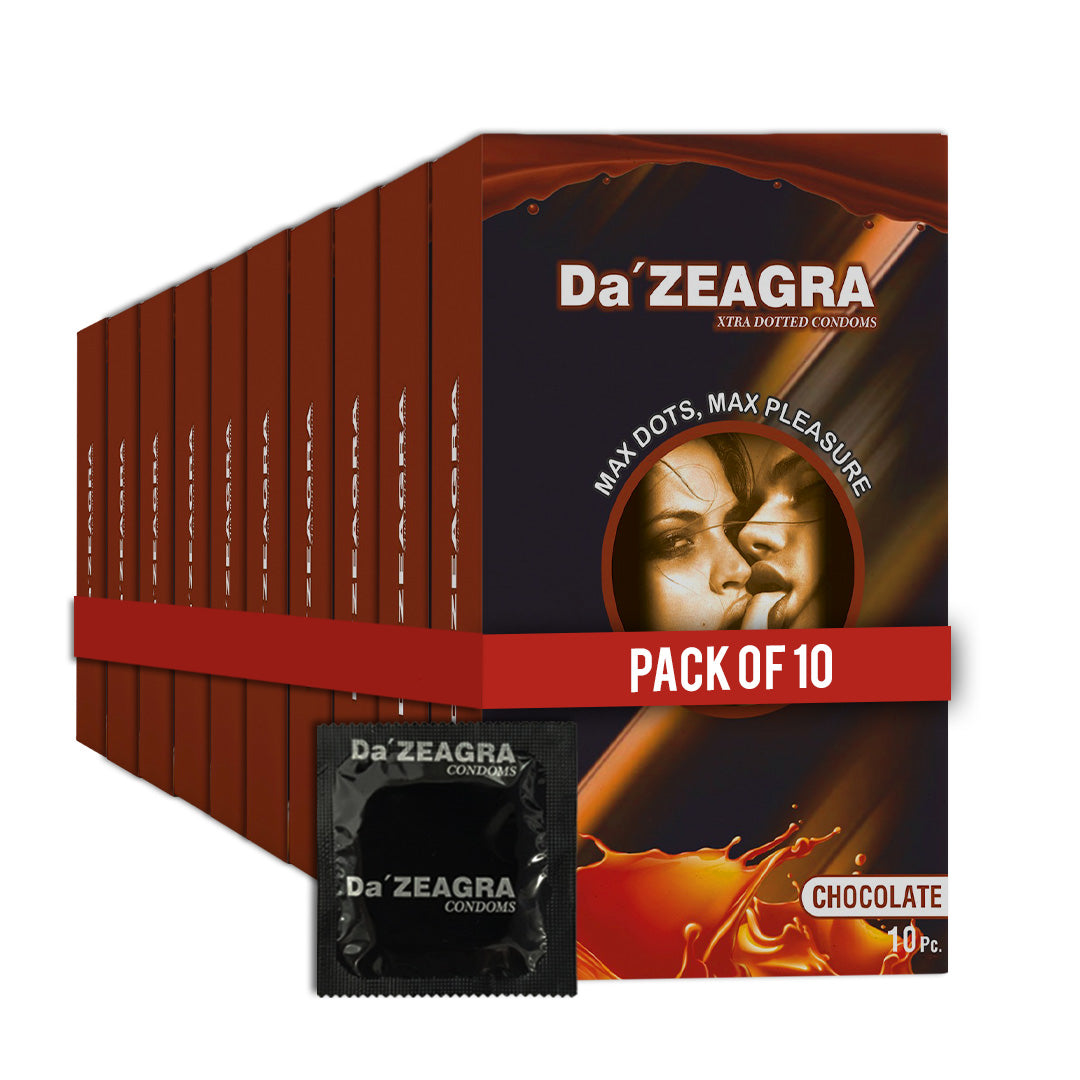 Da'Zeagra Xtra Dotted Condoms for Men | Chocolate Flavour with Super Sized Dots for Long Lasting Comfort - 10 Units