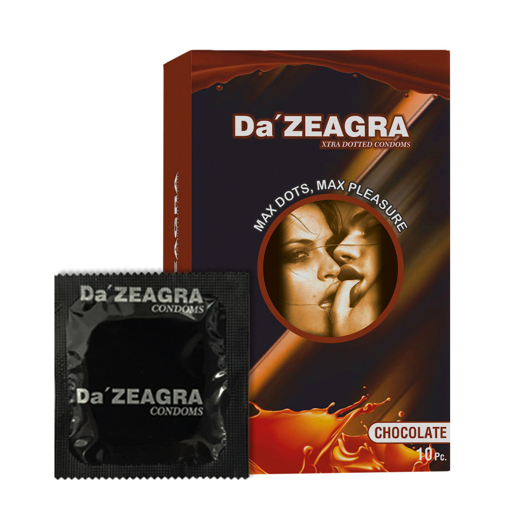 Da'Zeagra Xtra Dotted Condoms for Men | Chocolate Flavour with Super Sized Dots for Long Lasting Comfort - 10 Units