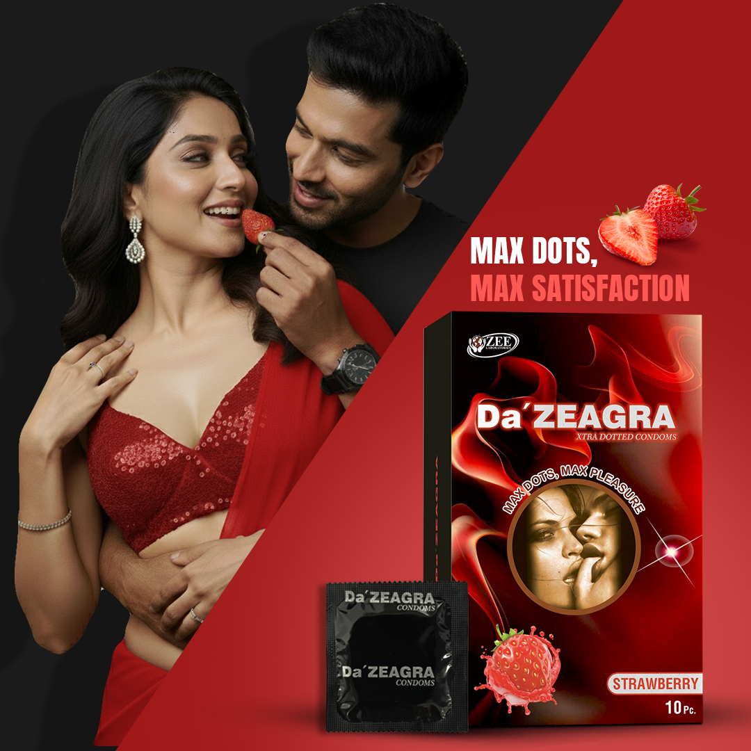 Da'Zeagra Xtra Dotted Condoms for Men | Strawberry Flavour with Super Sized Dots for Long Lasting Comfort - 10 Units