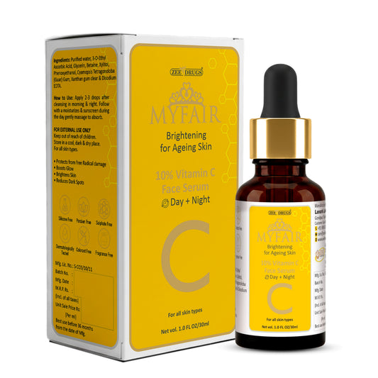 MYFAIR 10% Vitamin C Brightening Face Serum for Ageing Skin (Day + Night) – Glow, Anti-Ageing & Dark Spot Reduction | 30ml