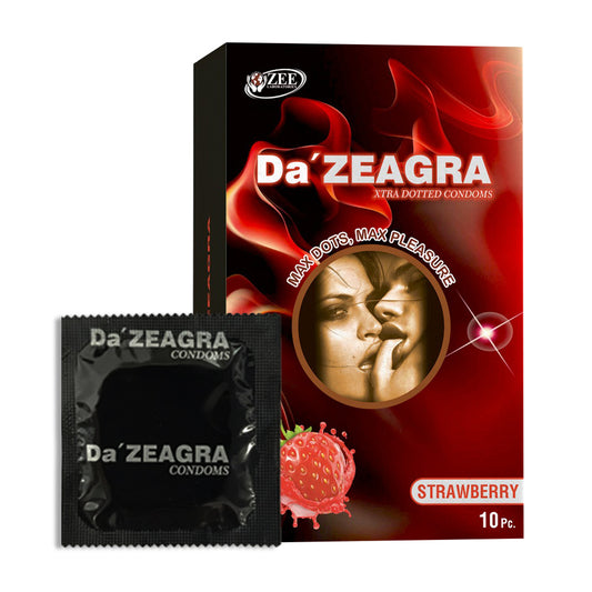 Da'Zeagra Xtra Dotted Condoms for Men | Strawberry Flavour with Super Sized Dots for Long Lasting Comfort - 10 Units