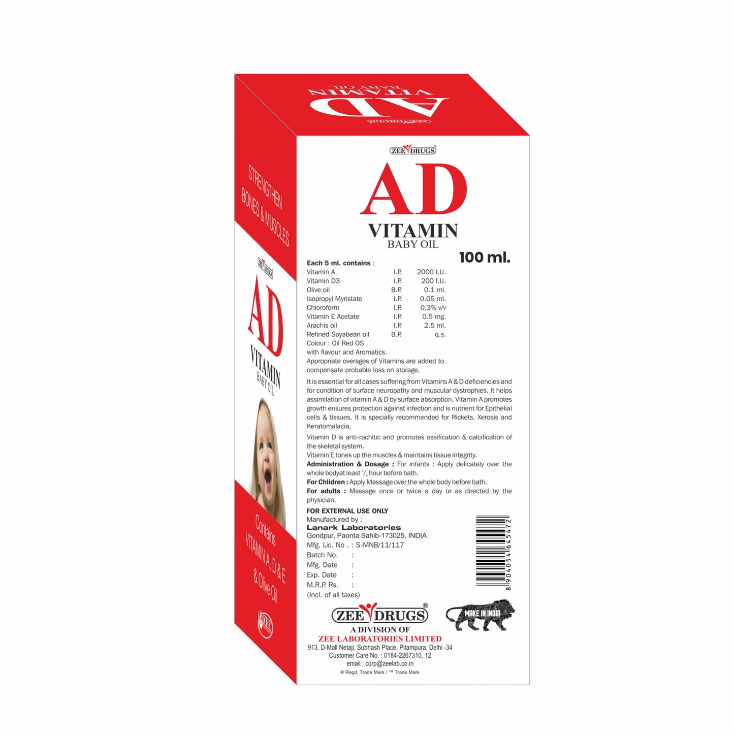 AD Vitamin Baby Oil for Strong Bones, Muscles & Healthy Skin