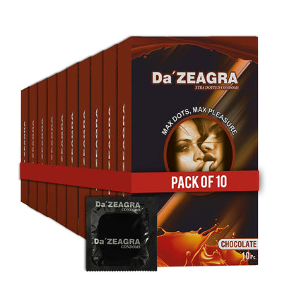 Da'Zeagra Xtra Dotted Condoms for Men | Chocolate Flavour with Super Sized Dots for Long Lasting Comfort - 10 Units