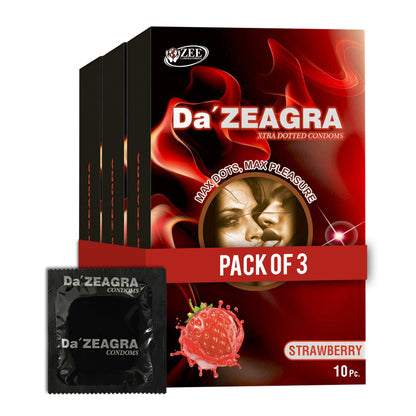 Da'Zeagra Xtra Dotted Condoms for Men | Strawberry Flavour with Super Sized Dots for Long Lasting Comfort - 10 Units