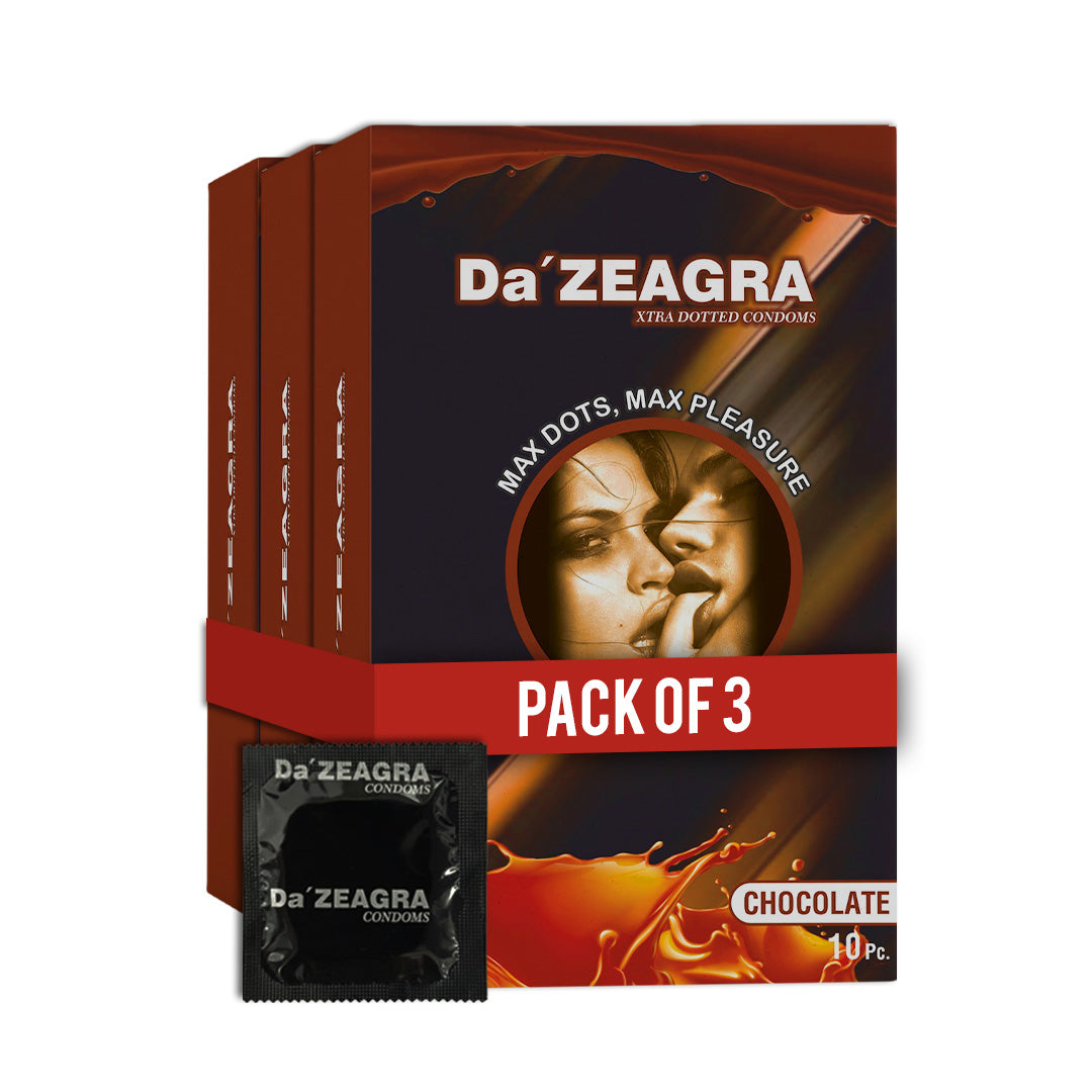 Da'Zeagra Xtra Dotted Condoms for Men | Chocolate Flavour with Super Sized Dots for Long Lasting Comfort - 10 Units