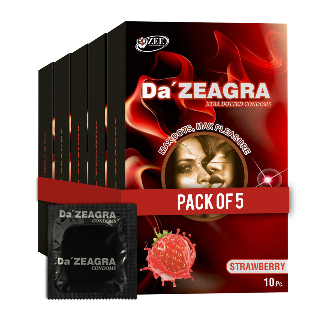 Da'Zeagra Xtra Dotted Condoms for Men | Strawberry Flavour with Super Sized Dots for Long Lasting Comfort - 10 Units