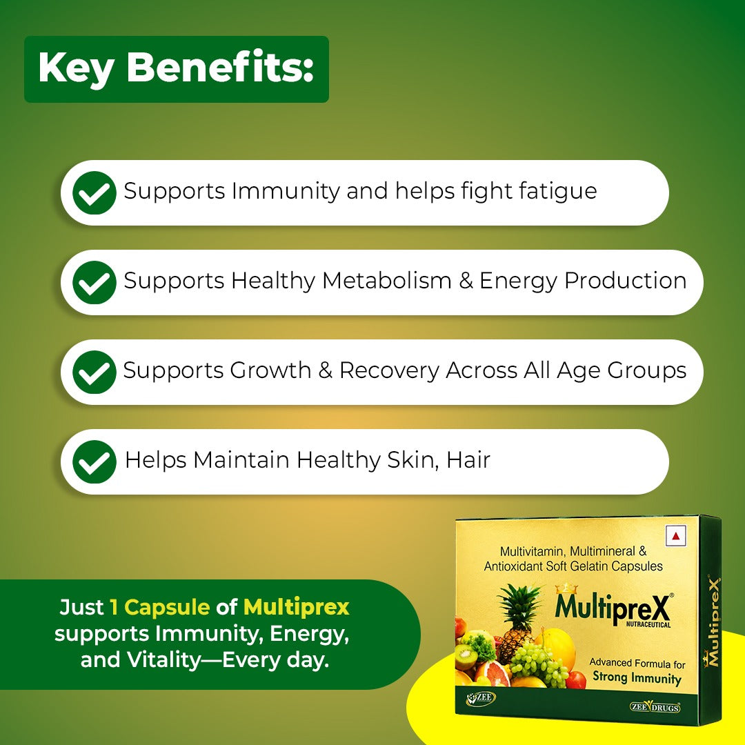 Multiprex Multivitamin Capsules for Daily Energy, Stamina and Immunity Support - 10 Capsules