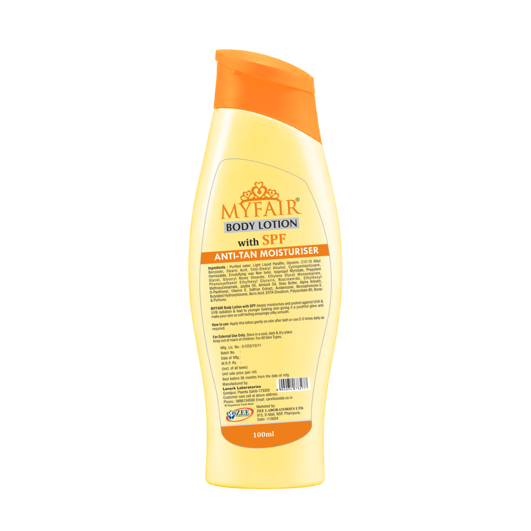 MyFair Body Lotion with SPF Anti-Tan Moisturiser | Saffron & Almond Moisturiser | UVA UVB Protection | Daily Moisturizer | 100ml