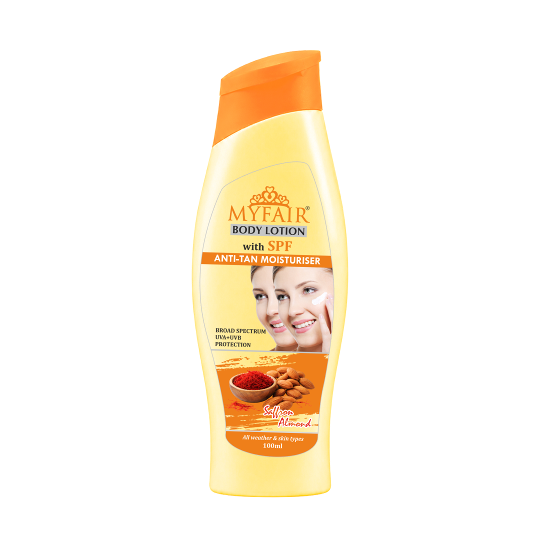 MyFair Body Lotion with SPF Anti-Tan Moisturiser | Saffron & Almond Moisturiser | UVA UVB Protection | Daily Moisturizer | 100ml