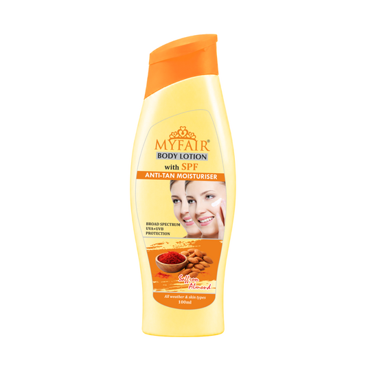 MyFair Body Lotion with SPF Anti-Tan Moisturiser | Saffron & Almond Moisturiser | UVA UVB Protection | Daily Moisturizer | 100ml